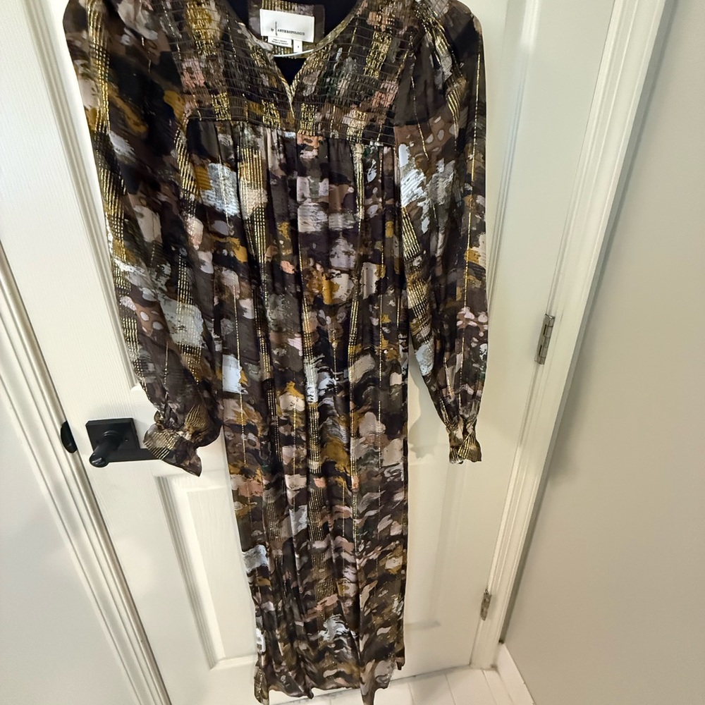 Anthropologie Earth-Toned Textured Maxi Dress with Smocked Bodice